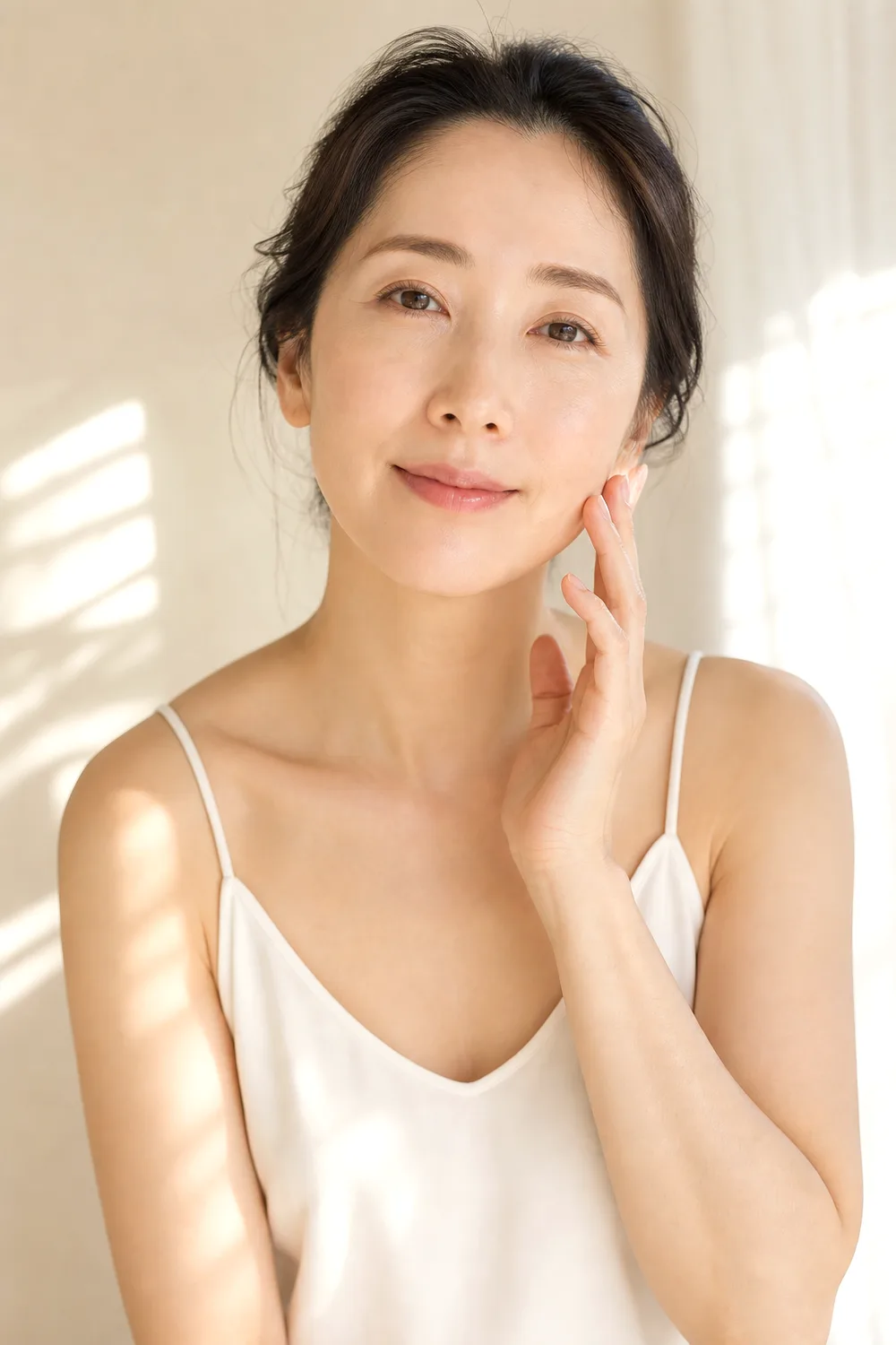 朝のメイク前、つるんとした素肌の女性｜Amourette 毛穴ケア