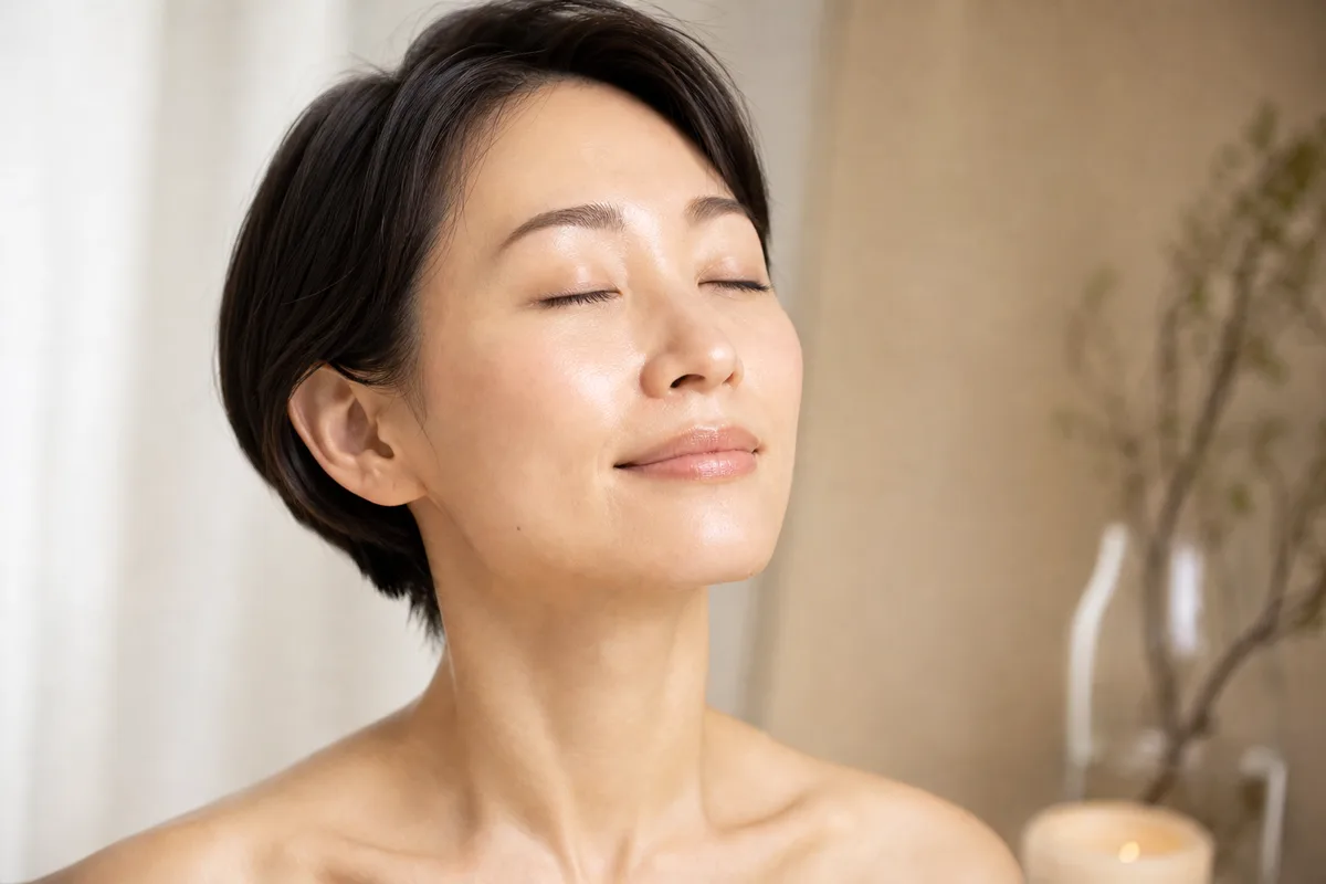 つるんと整った素肌に、そっと触れる女性のイメージ